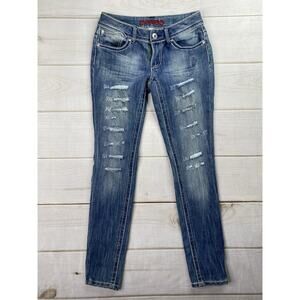 Vtg Bongo Jeans Womens Jr Sz 5 Blue Distressed Denim Low Rise Stretch Y2K Retro